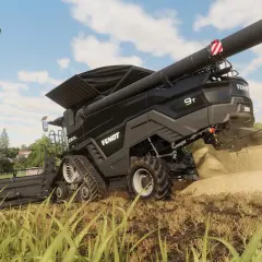 Une moissonneuse Fendt 9T travaille dans un champ, soulevant de la poussière. Le logo "Farming Simulator 19" est visible.