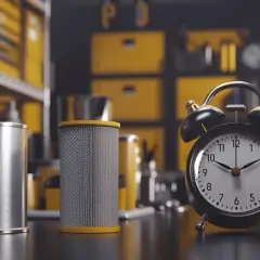 Filtr DPF i budzik na tle warsztatu z żółtymi szufladami.