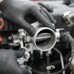 Mechanik w czarnych rękawiczkach sprawdza przepustnicę. Objawy awarii mogą być różne, od nierównej pracy silnika po problemy z przyspieszeniem.