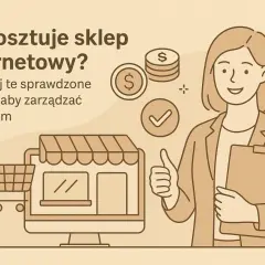 Koszty sklepu internetowego: grafika pokazuje komputer z wózkiem sklepowym, monety i kobietę z kciukiem w górę.