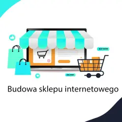 Grafika ilustruje budowę sklepu internetowego: ekran komputera z markizą, koszyk z zakupami, torby i przyciski "Buy Now" oraz "Delivery".