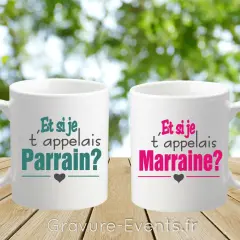 Deux tasses blanches avec le texte "Et si je t'appelais Parrain?" et "Et si je t'appelais Marraine?", parfaites pour quand annoncer parrain marraine.
