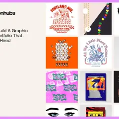 A graphic design portfolio showcasing diverse projects like pizza logos, abstract art, and typography, offering inspiration for building a strong creative portfolio.