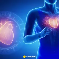 Anatomical illustration of a human torso with a glowing heart, next to a holographic heart in a circular display.