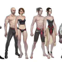 Postacie z Dragon Age: Inquisition – Qunari, ludzie, elfy i krasnoludy w zbrojach i strojach.