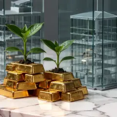 Goldbarren mit jungen Pflanzen wachsen vor Modellgebäuden. Ein Symbol für Wachstum und Investitionen, wie bei einem Vanguard Lifestrategy 60.