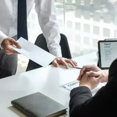 Wręczenie koperty z dokumentem, na którym widnieje napis "CONTRACT". Prawdopodobnie to umowa na czas określony.
