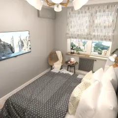 Gemütliches Schlafzimmer mit Bett, Fernseher und Fensterblick. Tolle Schlafzimmer Ideen für kleine Räume.