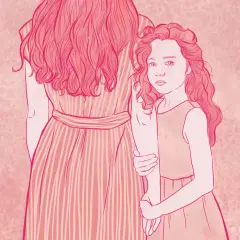 Bambina con sguardo intenso, stretta al braccio di una figura adulta. L'ombra di una madre narcisista anziana si proietta su di lei.