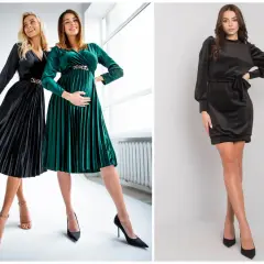 Elegancka sukienka welurowa plus size w kolorze zielonym i czarnym. Dwie kobiety prezentują modele z plisowanym dołem i złotym zdobieniem.