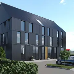 Nowoczesny projekt budynku mieszkalno usługowego z ciemną elewacją i dużymi oknami. Przed budynkiem parking z kilkoma samochodami.
