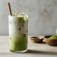 Erfrischender Eiskaffee mit Matcha und Hafermilch, garniert mit einem Bambusstrohhalm.