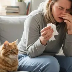Mujer estornudando con un pañuelo, junto a un gato naranja. Necesita desinfectar la casa contra la alergia de gatos.