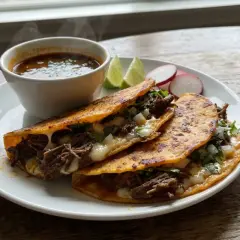 Här är ett läckert birria tacos recept! Krispiga tacos fyllda med mört kött och ost, serverade med en smakrik buljong.