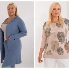 Nowości w butiku na plus: modelka w niebieskim kardiganie z kapturem i beżowej bluzce z motywem liści.