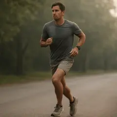 Un homme court sur une route brumeuse, déterminé à battre son record personnel de 10 km, même à 70 ans.