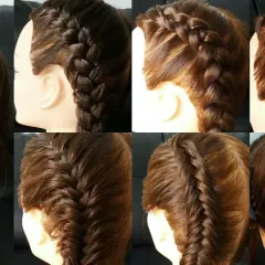 Varios estilos de trenza de raíz en cabello castaño, desde la nuca hasta la parte superior de la cabeza.