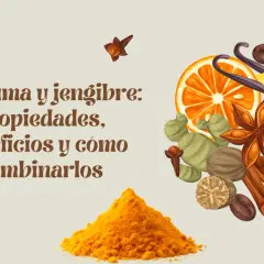 Montaje de cúrcuma y jengibre, con especias como anís estrellado, canela, vainilla, clavo, nuez moscada, granos de café y rodaja de naranja.
