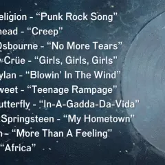 Liste von Rock-Klassikern mit Titeln wie "Creep" von Radiohead und "Africa" von Toto, überlagert auf einer Vinyl-Schallplatte.