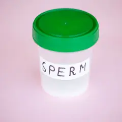 Contenitore con tappo verde, etichetta "SPERM". Potrebbe rappresentare un campione per analisi, legato a un'eiaculazione senza orgasmo.