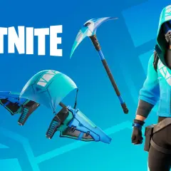 Bohaterka Fortnite w niebieskim stroju z maską, kilofem i lotnią.