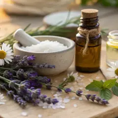 Naturliga ingredienser för hudvård: lavendel, kamomill, örter och jojobaolja ansikte i bärnstensfärgad flaska.