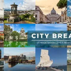 Kolaż zdjęć z europejskich miast, idealnych na city break: Wieża Eiffla, Watykan, Florencja, Praga, Lizbona i inne.