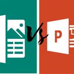 Zielona ikona z literą "S" i grafiką krajobrazu kontra czerwona ikona z literą "P" i wykresem. Porównanie narzędzi do tworzenia prezentacji, w tym Microsoft Sway.