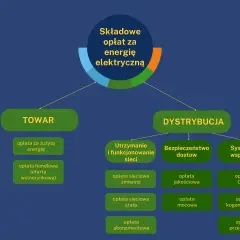 Schemat składający się z elementów "TOWAR" i "DYSTRYBUCJA", wyjaśniający składowe opłat za energię elektryczną, np. w taryfie c11.
