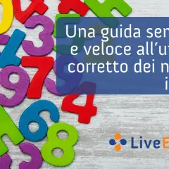 Numeri colorati in legno, con testo che dice "Una guida semplice e veloce all'utilizzo corretto dei numeri inglesi".