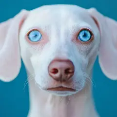 Un teckel albino con hipnotizantes ojos azules mira fijamente. Su pelaje blanco y sus orejas caídas contrastan con el fondo azul vibrante.