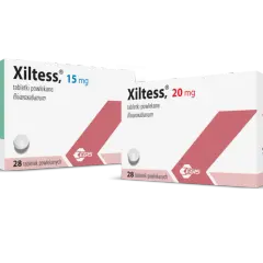 Dwa opakowania leku Xiltess: 15 mg i 20 mg, zawierające 28 tabletek powlekanych każdy.