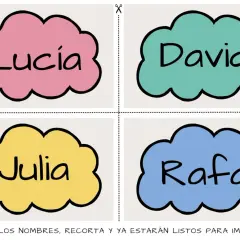 Nubes de colores con nombres: Lucía, David, Julia y Rafa. Ideales para imprimir nombres con letras bonitas y personalizarlos.