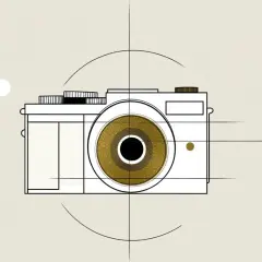 Stylizowana grafika aparatu z złotym obiektywem, symbolizująca kluczowe elementy ekspozycji w fotografii.