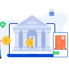 Co to jest bankowość elektroniczna? Ilustracja pokazuje ludzi korzystających z telefonu i komputera do płatności, symbolizując łatwość i bezpieczeństwo transakcji.