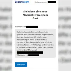 Neue Nachricht von einem Gast auf Booking.com, die nach einer ungewöhnlichen Anfrage fragt. Vorsicht vor einer möglichen Booking.com Betrugsmasche.