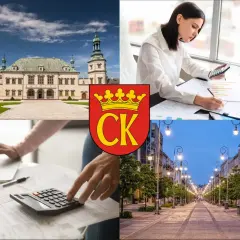 Kielce: Pałac Biskupów Krakowskich, kobiety pracujące z kalkulatorem i laptopem, herb miasta, ulica Sienkiewicza.