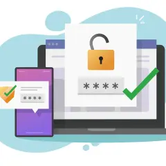 Sécurité renforcée : un cadenas ouvert et des étoiles pour le mot de passe sur un écran d'ordinateur, avec un téléphone affichant un code et un bouclier. Fin des demandes de mot de passe intempestives Office 365.