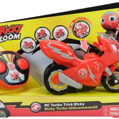 Zabawki Ricky Zoom: czerwony motocykl na radio z pilotem, gotowy do akcji i sztuczek.