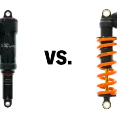 RockShox Super Deluxe vs. Fox DHX2 coil shock. Two mountain bike suspension shocks, one air, one coil, ready for action.