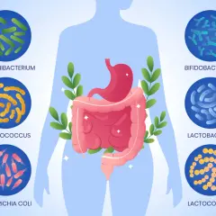Illustrazione del corpo umano con dettagli su stomaco e intestino, circondato da diverse specie batteriche. Guida visiva per capire il microbiota intestinale come curarlo.