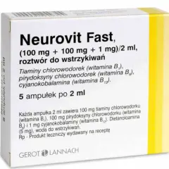 Opakowanie leku Neurovit Fast, zawierające 5 ampułek po 2 ml, z dawkami 100 mg + 100 mg + 1 mg.