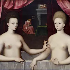 Gabrielle d'Estrées and one of her sisters, nude, with a servant in the background. One sister offers a ring to the other.