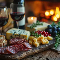 Tagliere con salumi, formaggi, uva e pane, perfetto per un abbinamento barolo davanti al camino.