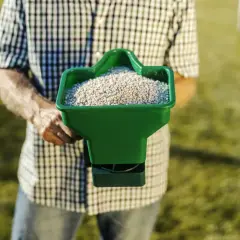 Mężczyzna w kratę trzyma zielony rozsiewacz z nawozem, gotowy do pracy. To klucz do tego, jak siać trawę na starym trawniku, by odzyskał dawny blask.