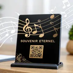 Carte "Souvenir Éternel" avec QR code et notes de musique. Idéal pour savoir comment créer une playlist gratuitement et partager vos musiques préférées.