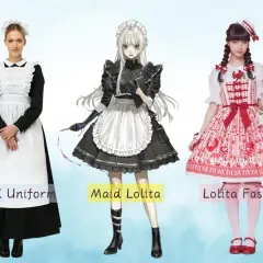 Trzy stroje: klasyczny strój sprzątaczki damski, strój "Maid Lolita" i sukienka w stylu Lolita.