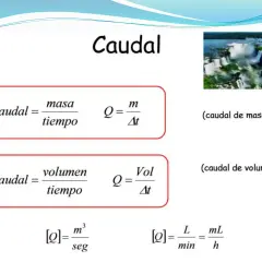 Fórmulas para el caudal: caudal de masa (masa/tiempo) y caudal de volumen (volumen/tiempo).
