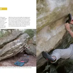 Wspinacz na skale, trudna **skala boulderowa** "Alien" w Fontainebleau.