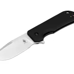 Navaja Kizer con hoja de acero nitro v, mango negro y logo de la marca.
